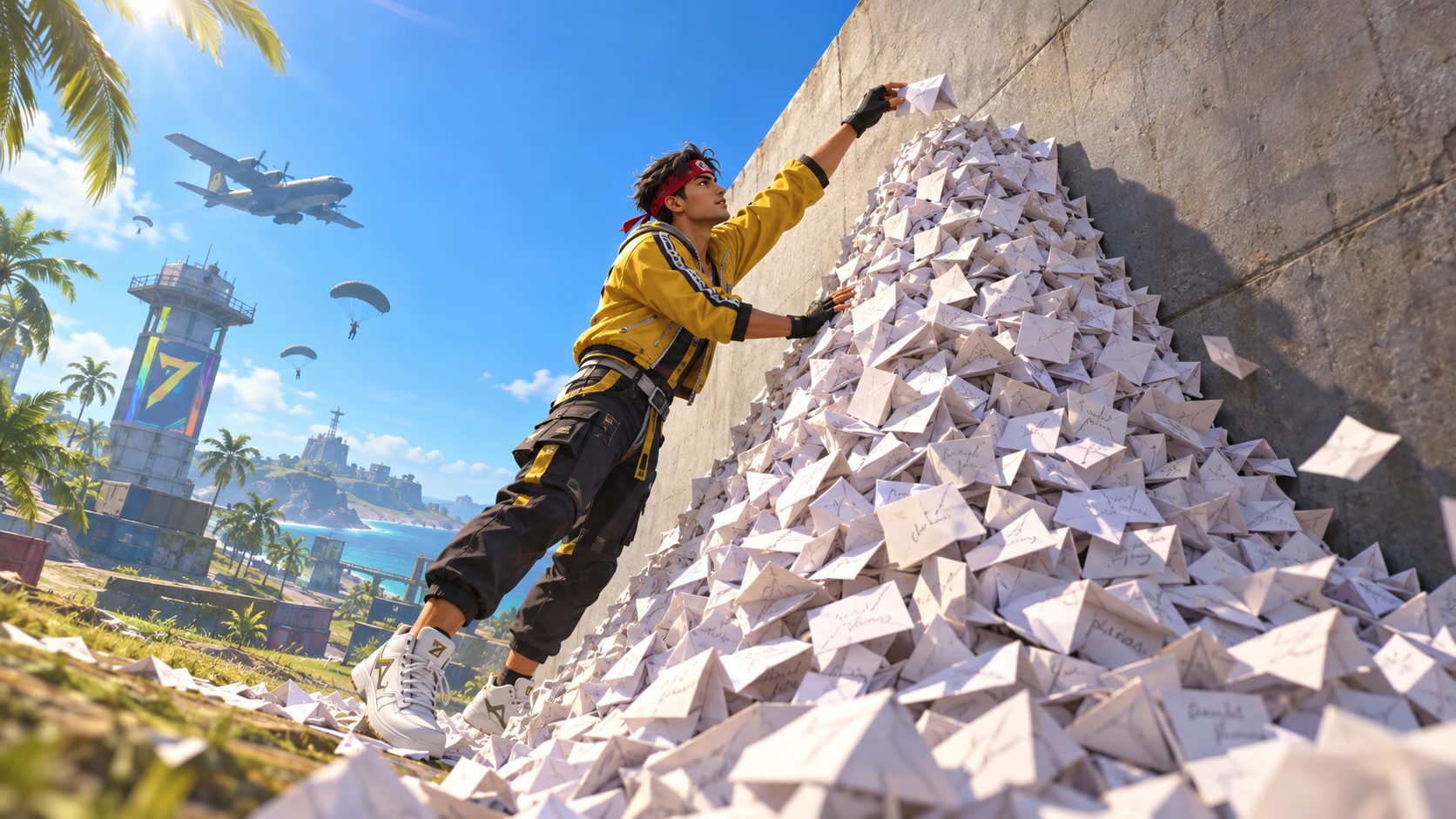 Superviviente de Free Fire deja un papel sobre una montaña de notas frente a una pared sin puerta