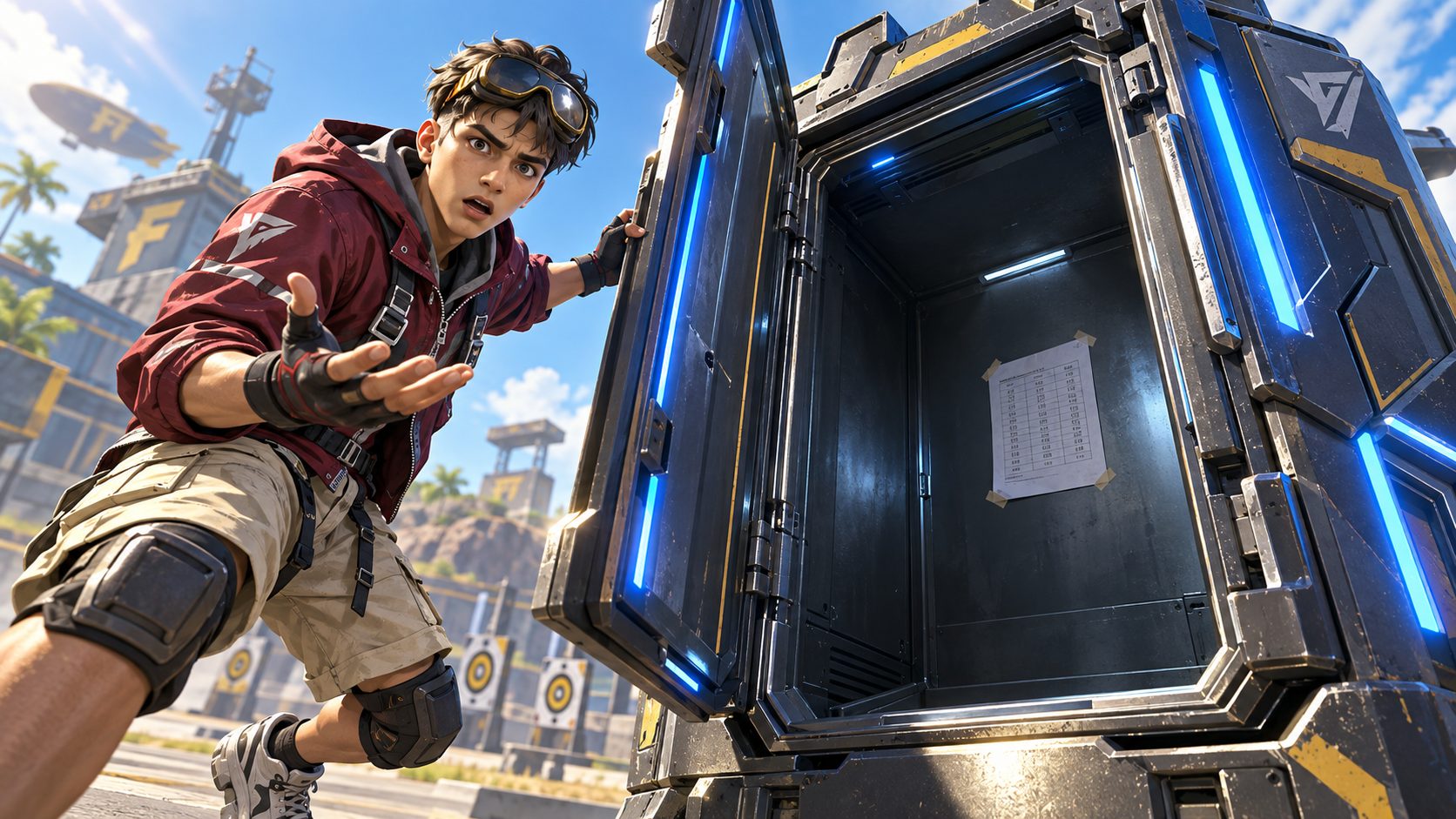 Superviviente de Free Fire abre una máquina de análisis vacía con una hoja de números dentro