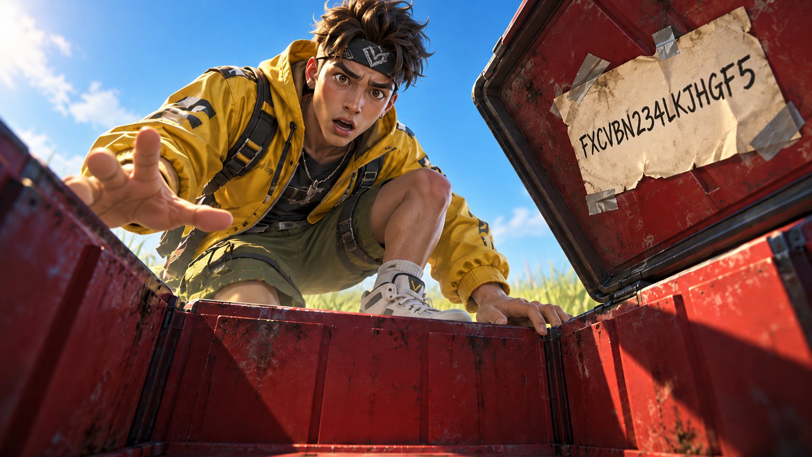 Superviviente de Free Fire mirando una caja de suministros vacía con un código de AzTrucoFF pegado en la tapa