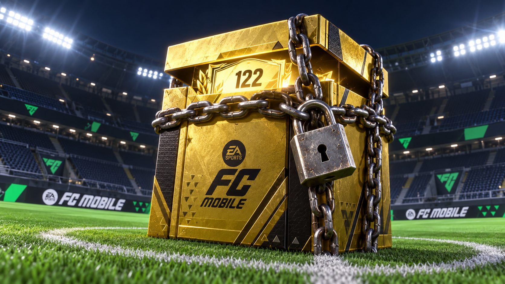 Caja dorada de FC Mobile cerrada con candado y una carta 122 brillando en un estadio vacío
