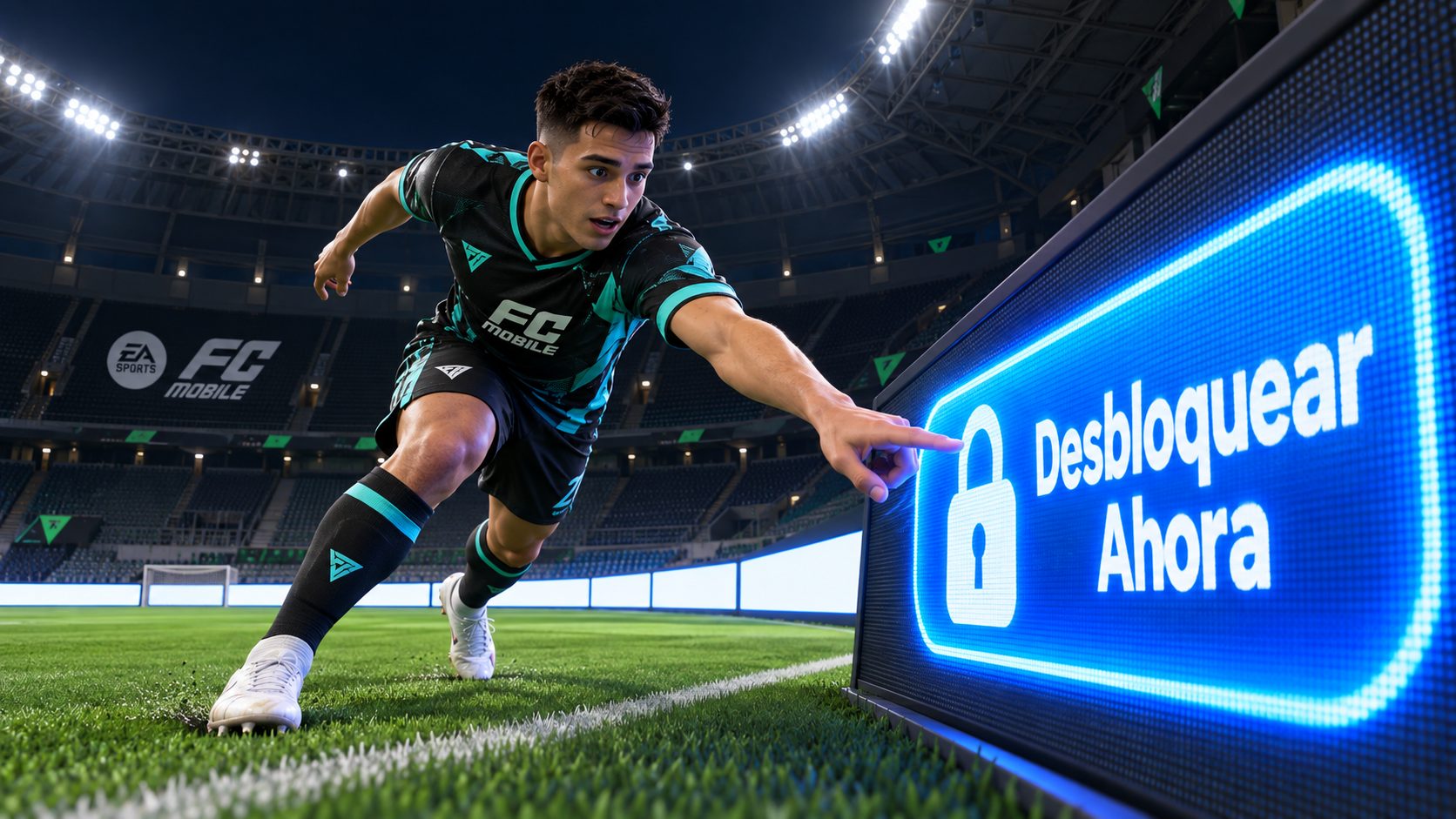 Futbolista de FC Mobile pulsando el botón «Desbloquear Ahora» de blascomplos en una valla de un estadio vacío