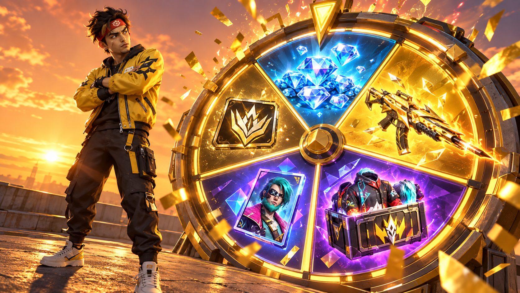 Superviviente de Free Fire mirando con desconfianza una ruleta gigante de premios