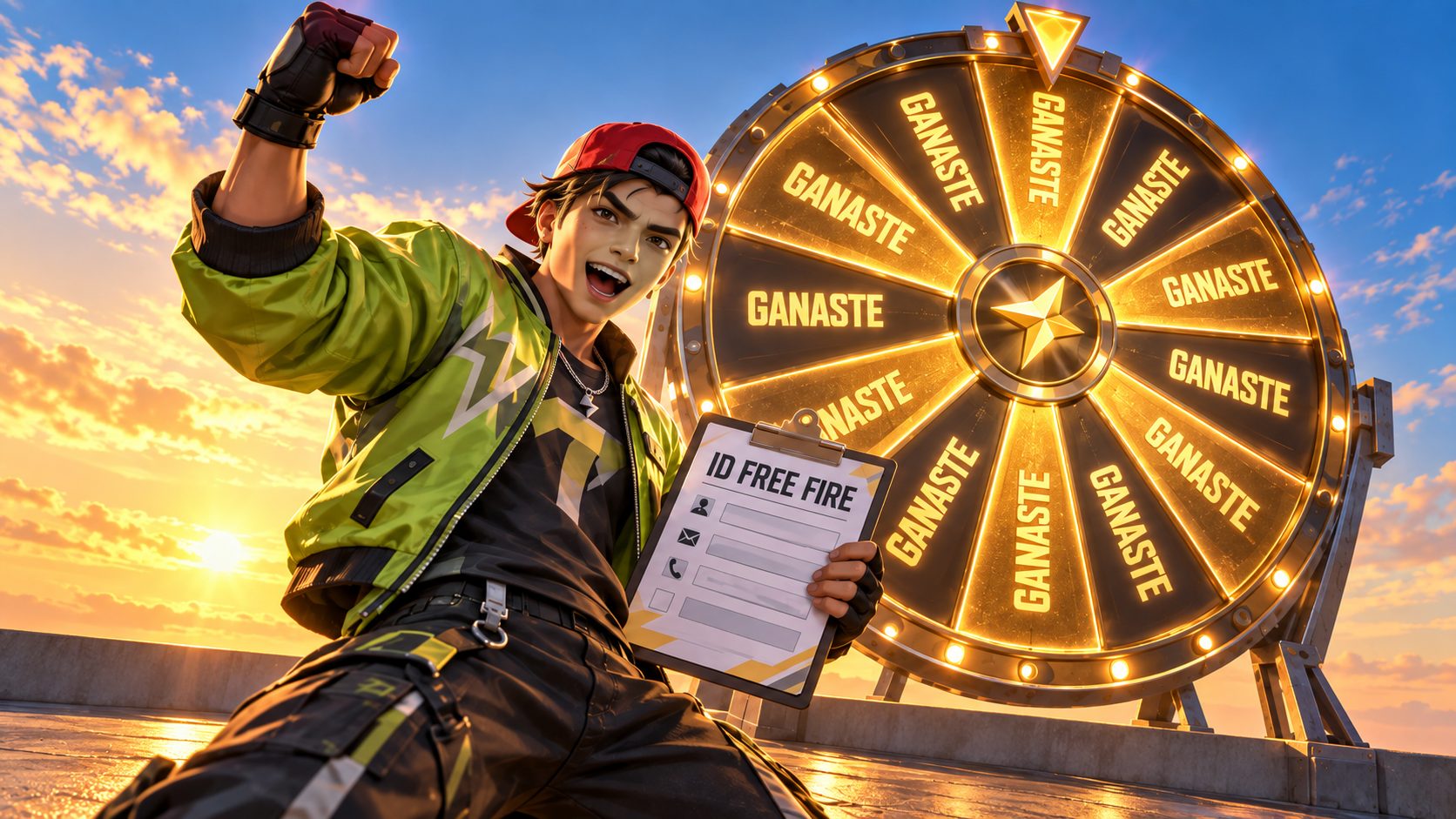 Superviviente de Free Fire con un formulario delante de una ruleta en la que todas las casillas dicen GANASTE