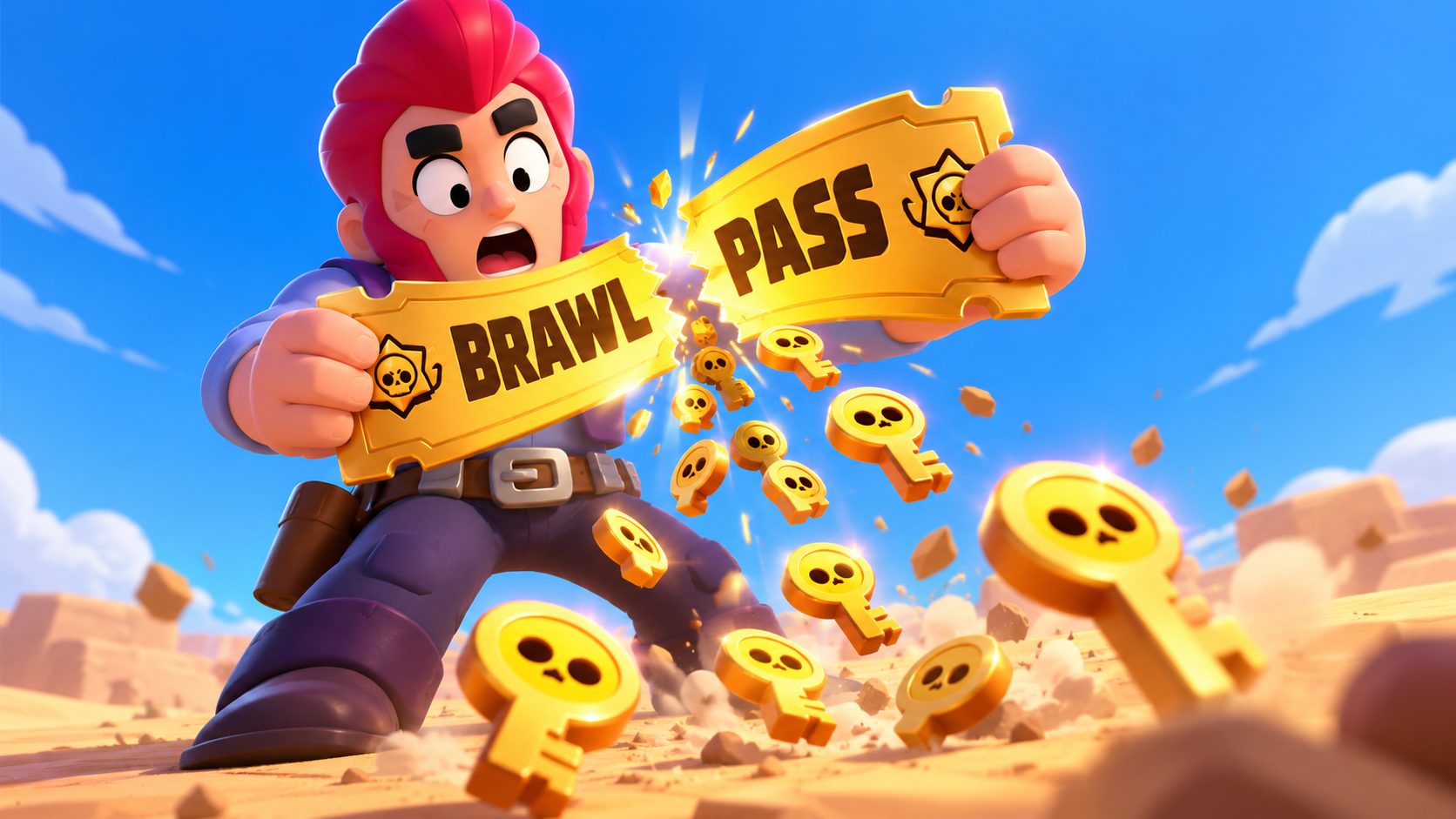 Colt de Brawl Stars con un Brawl Pass gigante que se rompe y del que caen llaves