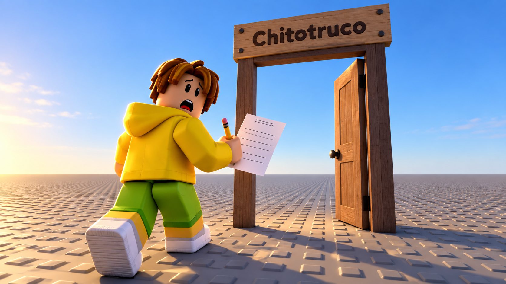 Avatar de Roblox con un formulario ante una puerta con el cartel Chitotruco que da a una explanada vacía