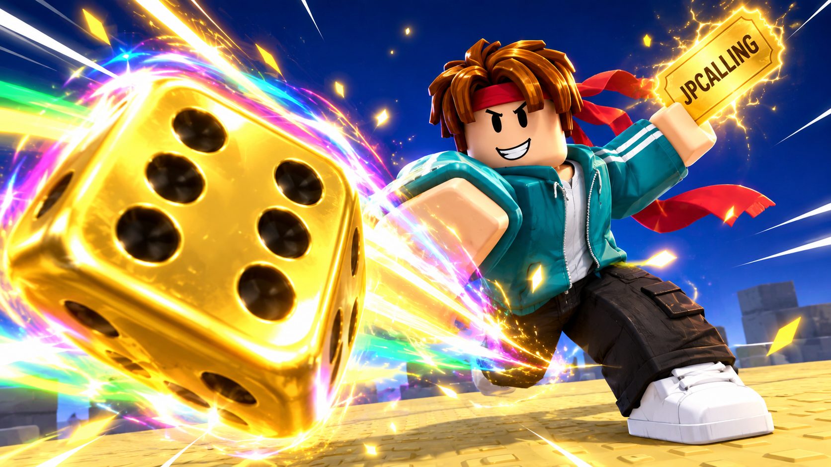 Avatar de Roblox lanzando un dado dorado en Anime Dice con un ticket de código en la mano