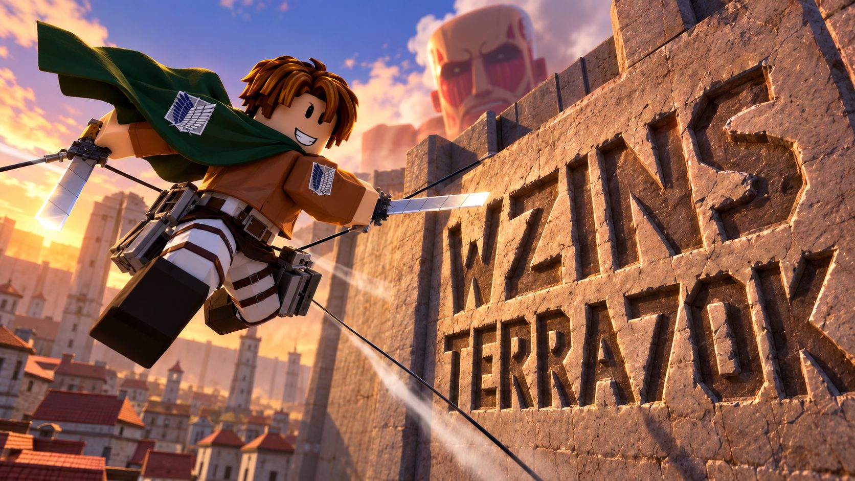 Avatar de Roblox con uniforme de la Legión de Reconocimiento volando con el equipo ODM junto a los códigos WZINS y TERRA70K tallados en la muralla en Attack on Titan Revolution