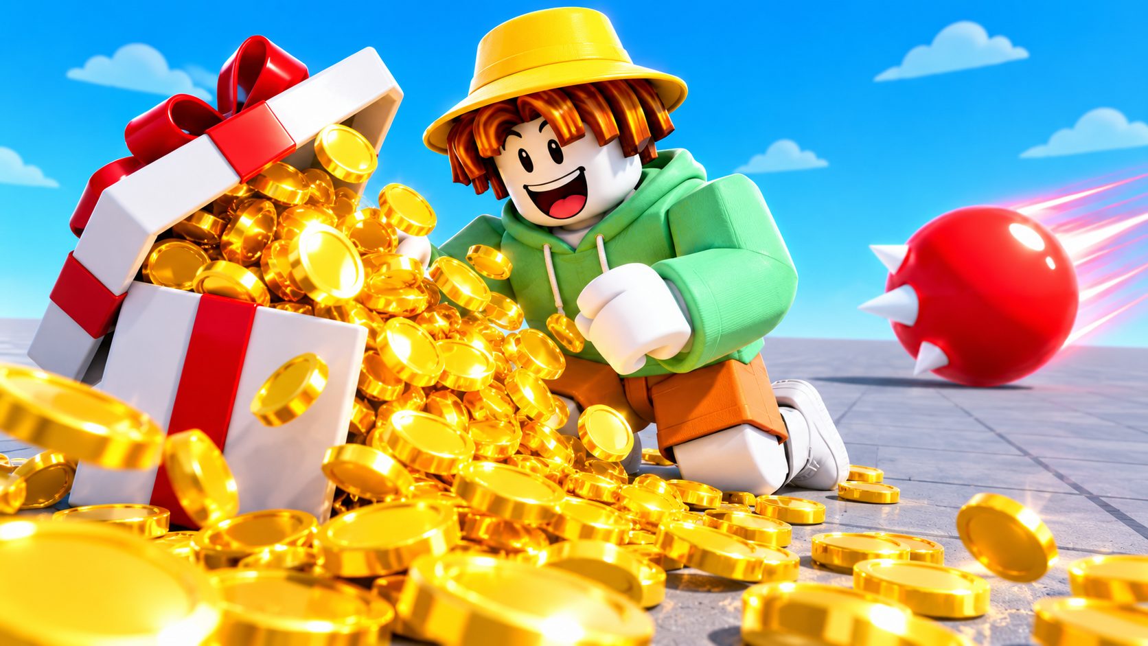 Avatar de Roblox con un regalo lleno de monedas en la arena de Ball VS Ball