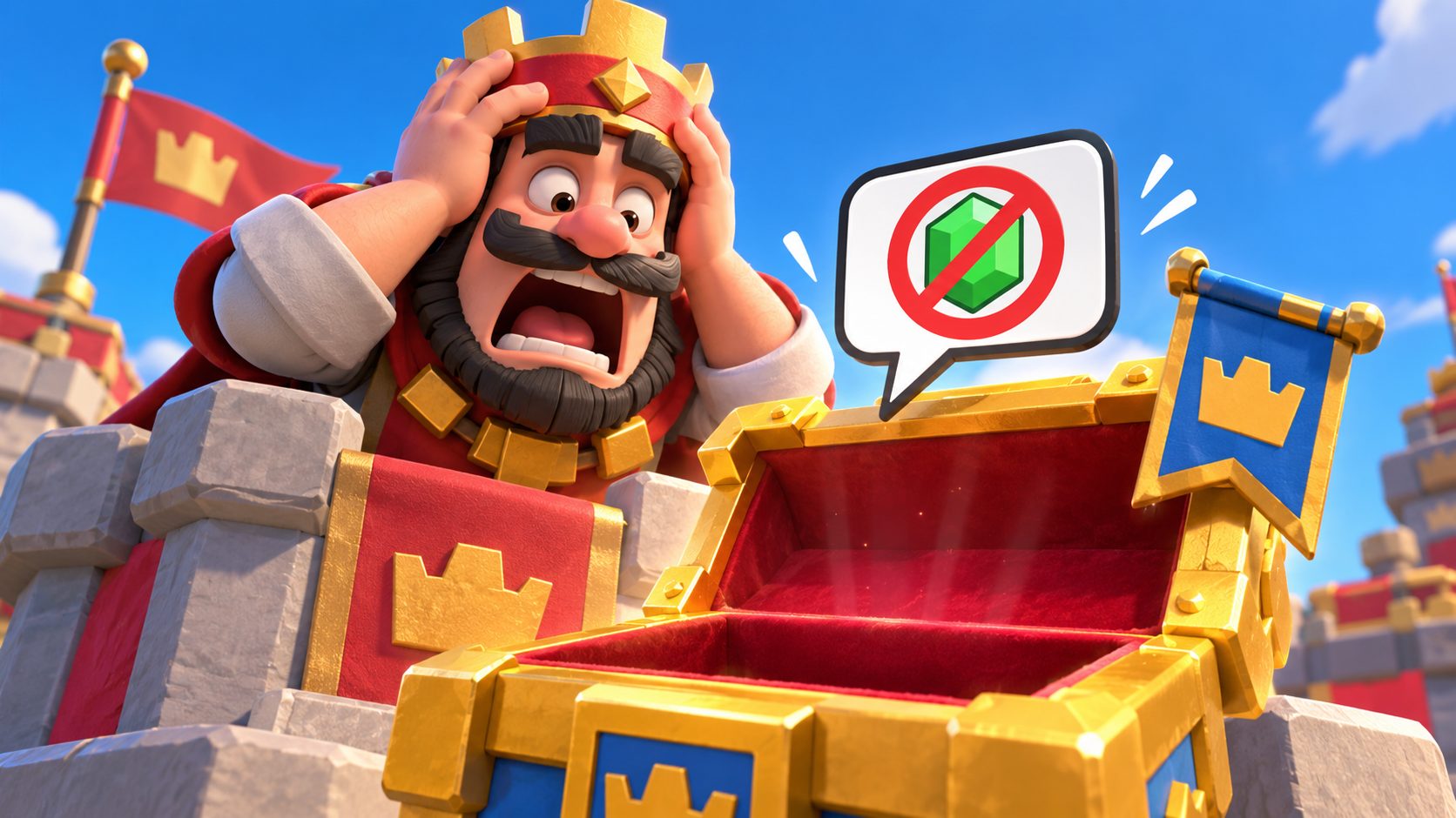 El Rey de Clash Royale mira sorprendido un cofre abierto sin gemas en la arena