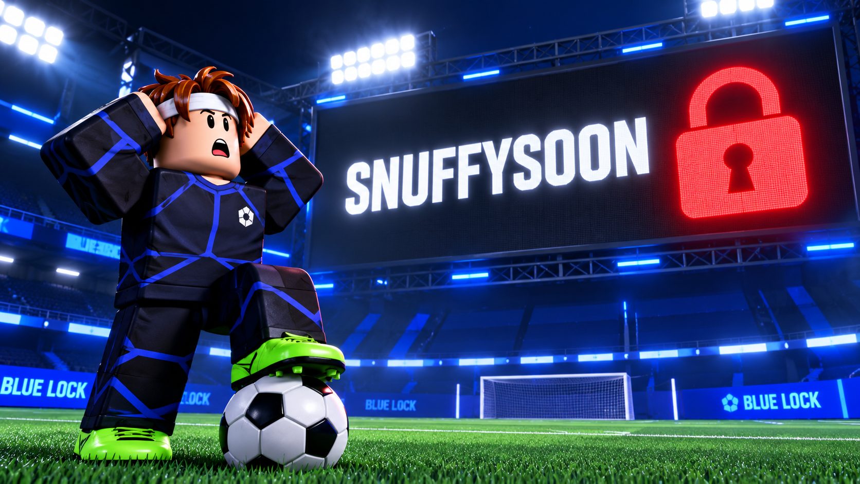 Jugador de Blue Lock: Rivals en Roblox mira un marcador que muestra el código SNUFFYSOON bloqueado con un candado rojo