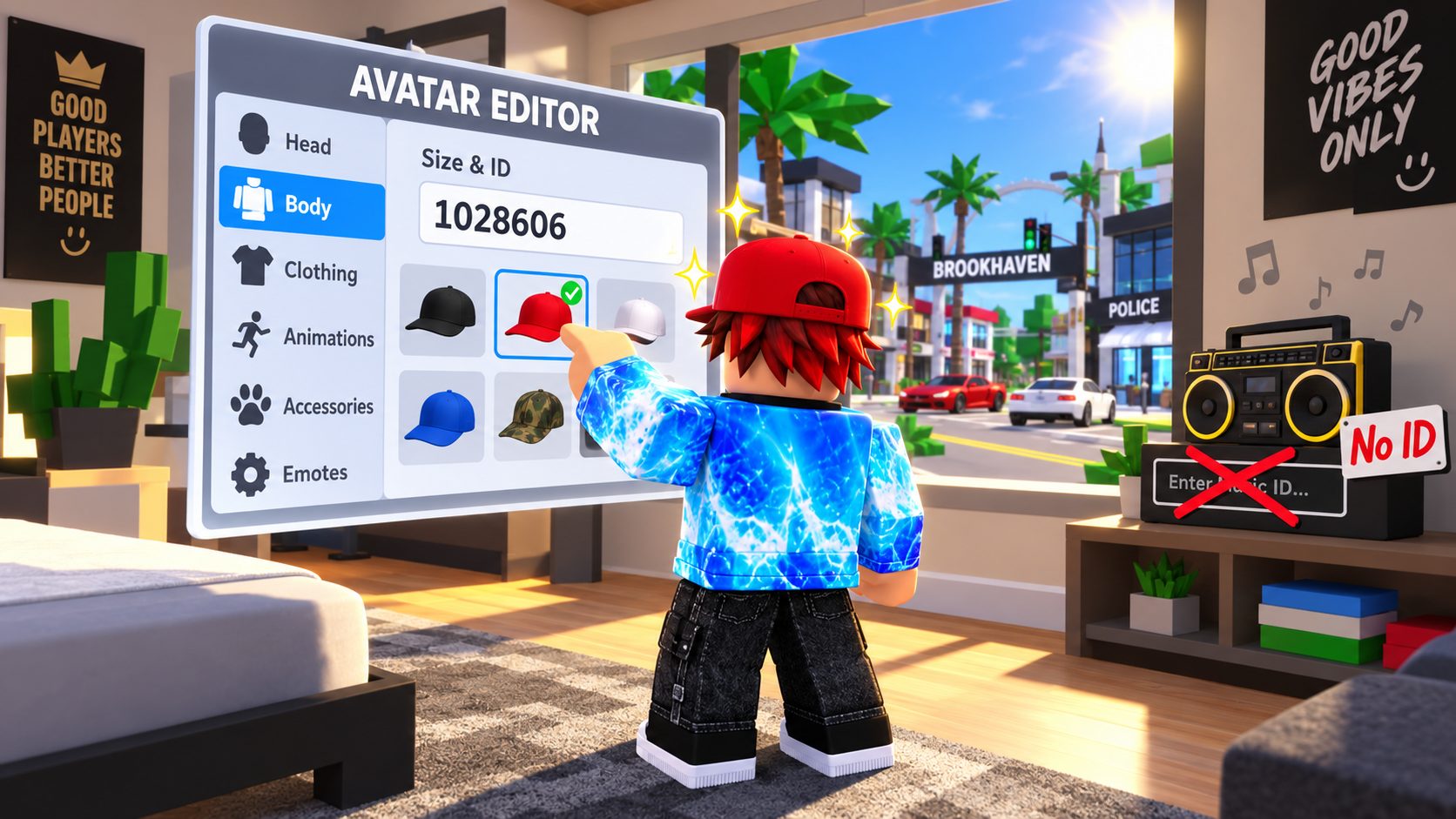 Avatar de Roblox en Brookhaven poniendose una gorra roja con un ID en el editor de avatar