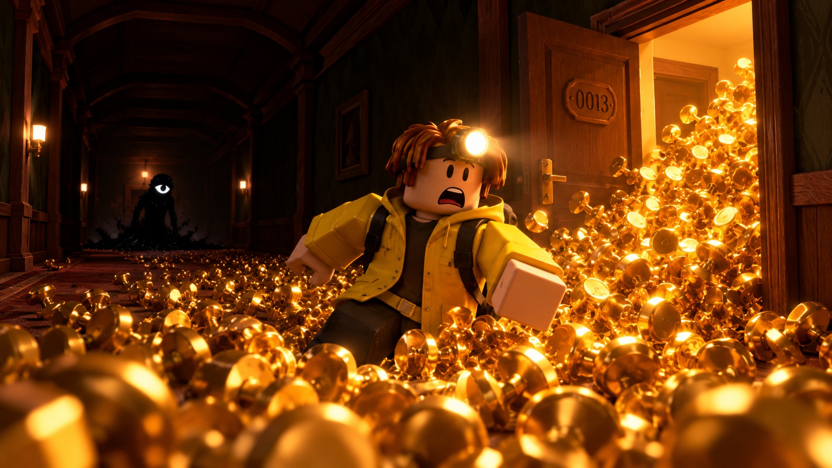Avatar de Roblox en el pasillo del hotel de DOORS rodeado de Knobs dorados con Seek al fondo