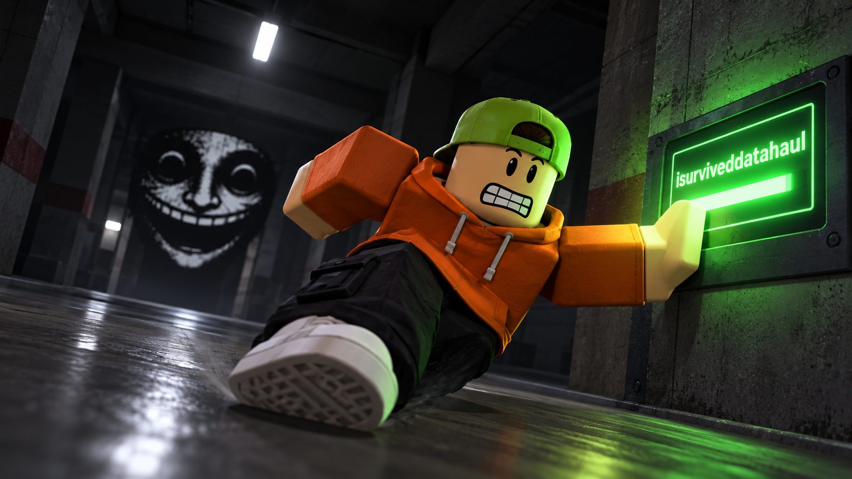 Avatar de Roblox huyendo de un nextbot en Evade junto a una pantalla con el código isurviveddatahaul