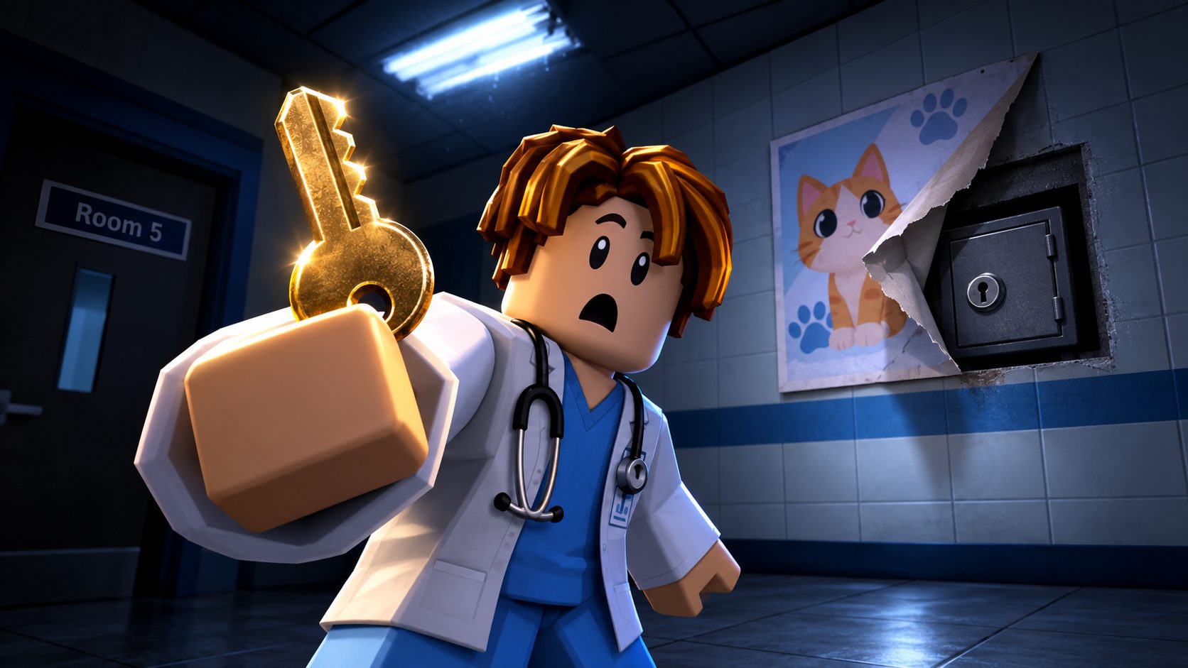 Avatar de Roblox con bata y una llave en la mano junto a la caja fuerte escondida tras un póster de gato en Hospital de animales
