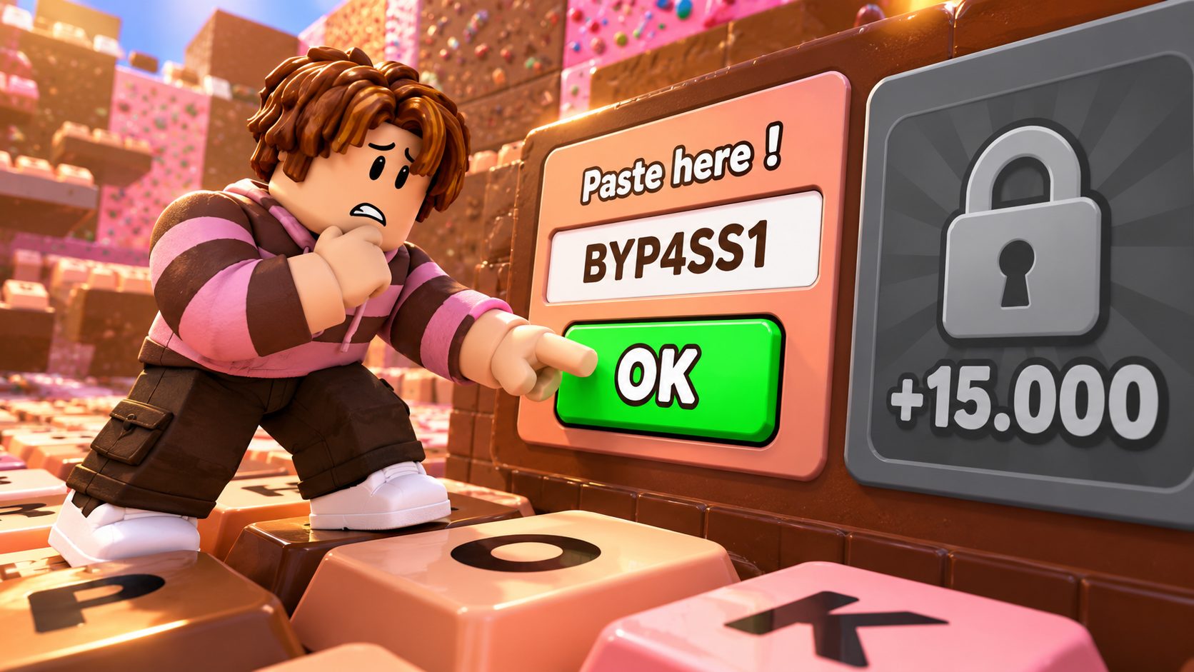 Avatar de Roblox a punto de canjear el código BYP4SS1 en Keyboard Escape junto a una recompensa de +15.000 de velocidad bloqueada