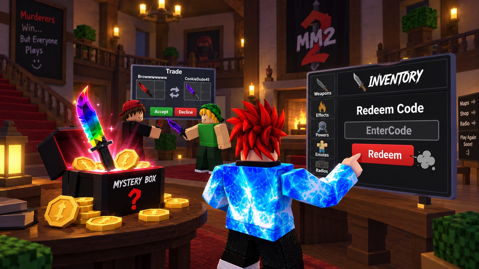 Avatar de Roblox ante la casilla de codigos de Murder Mystery 2 que ya no funciona, con una caja de armas y un tradeo al fondo
