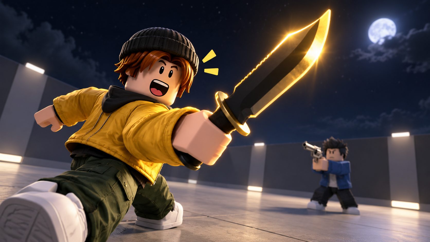 Avatar de Roblox enseñando un cuchillo nuevo en la arena de Murderers VS Sheriffs mientras un rival le apunta al fondo