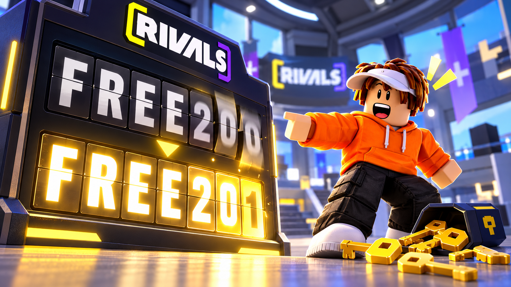 Avatar de Roblox ante el tablón de códigos de RIVALS que pasa de FREE200 a FREE201