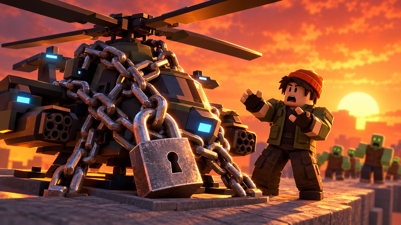 Torre Pursuit de Tower Defense Simulator encadenada con un candado gigante ante un avatar de Roblox sorprendido