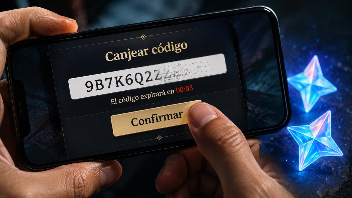 Primer plano de un móvil con un código escrito en la casilla de canje de Genshin Impact y el pulgar a punto de confirmar, con Protogemas azules al lado