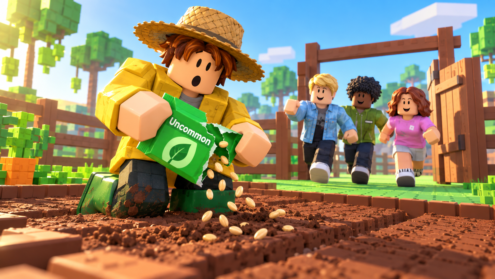 Avatar de Grow a Garden 2 abriendo un sobre de semillas en su huerto mientras llegan tres amigos