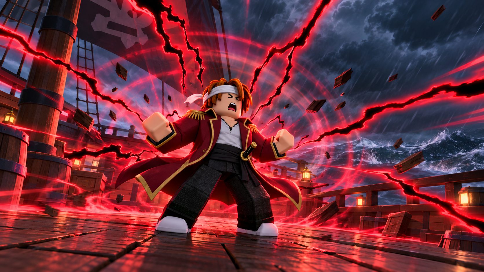 Avatar de Haze Seas de Roblox desatando el Haki del Rey en la cubierta de un barco