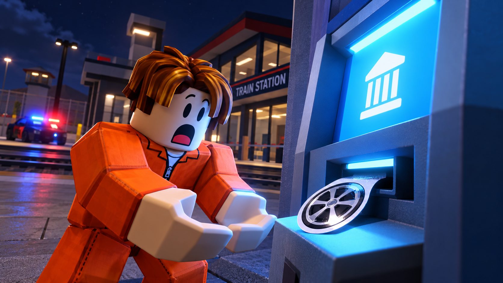 Avatar de Roblox con mono naranja de preso ante un cajero ATM de Jailbreak del que sale una pegatina de rueda