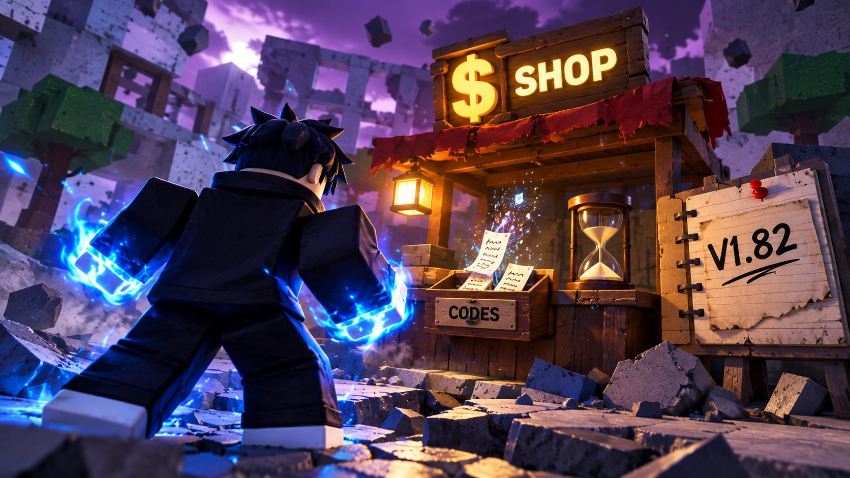 Luchador de Jujutsu Shenanigans en Roblox ante la Tienda, con códigos que caducan y la nota de la versión V1.82