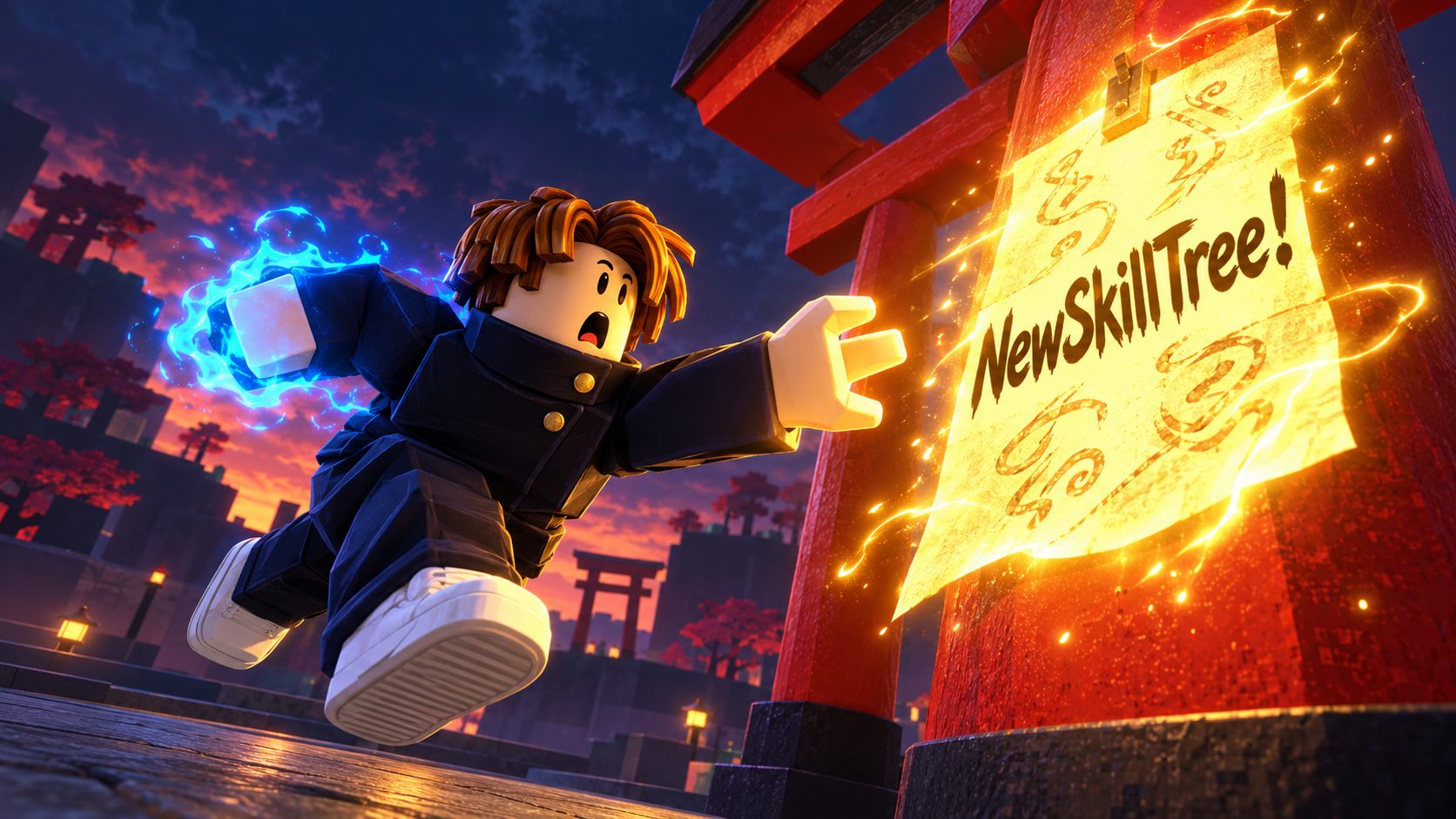 Avatar de Roblox hechicero saltando hacia un talismán dorado con el código NewSkillTree! de Kaizen