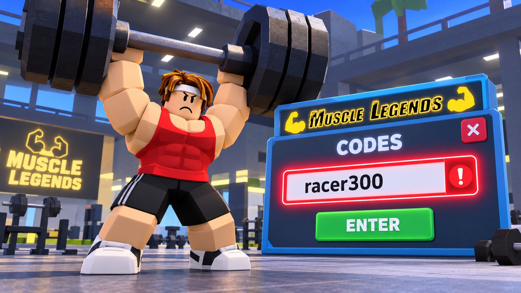 Avatar musculoso de Muscle Legends en Roblox probando el código racer300, que es de otro juego