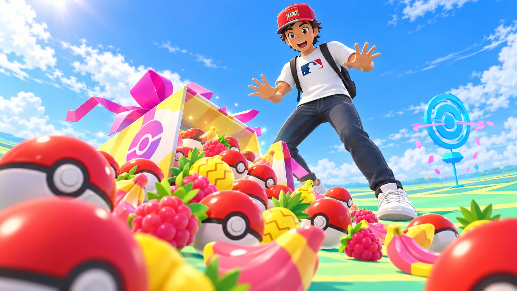 Entrenador de Pokémon GO con gorra LEGO y camiseta de la MLB junto a una caja de regalo llena de Poké Balls y bayas