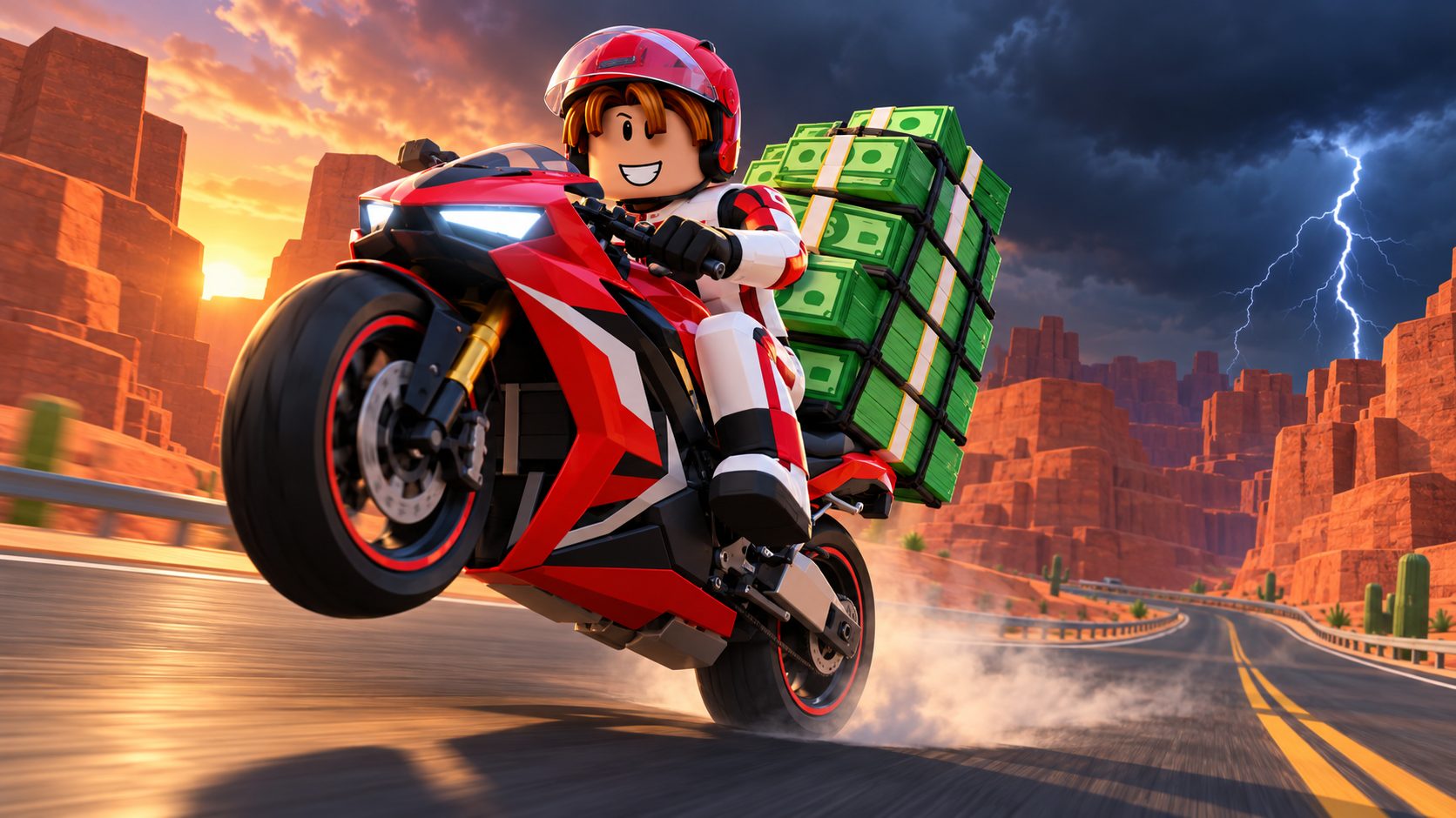 Avatar de Roblox con mono de carreras haciendo un caballito en Ride Storm con la moto cargada de Cash