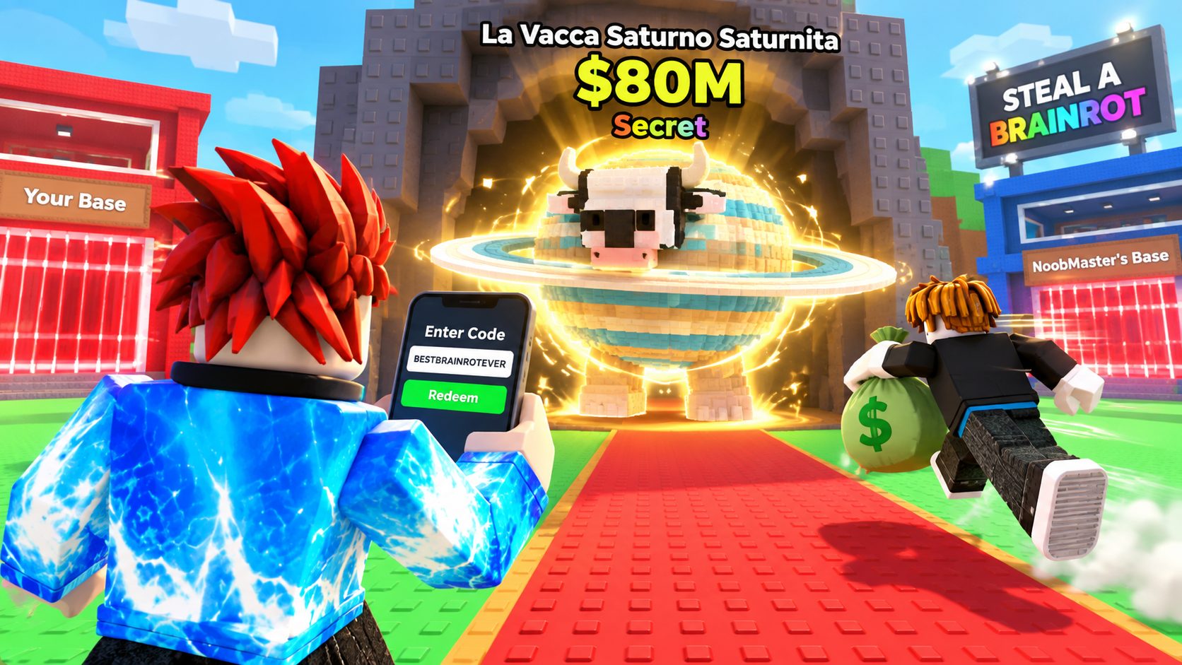 Ilustracion de Steal a Brainrot de Roblox con La Vacca Saturno Saturnita en la alfombra roja y un precio de 80M