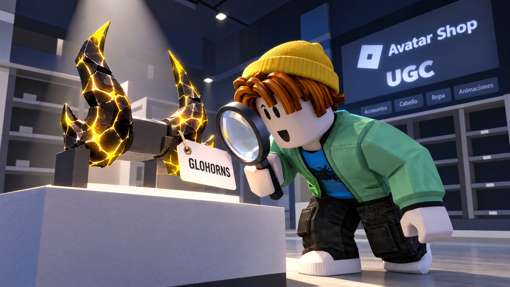 Avatar de Roblox mira con una lupa el código de unos cuernos UGC limitados