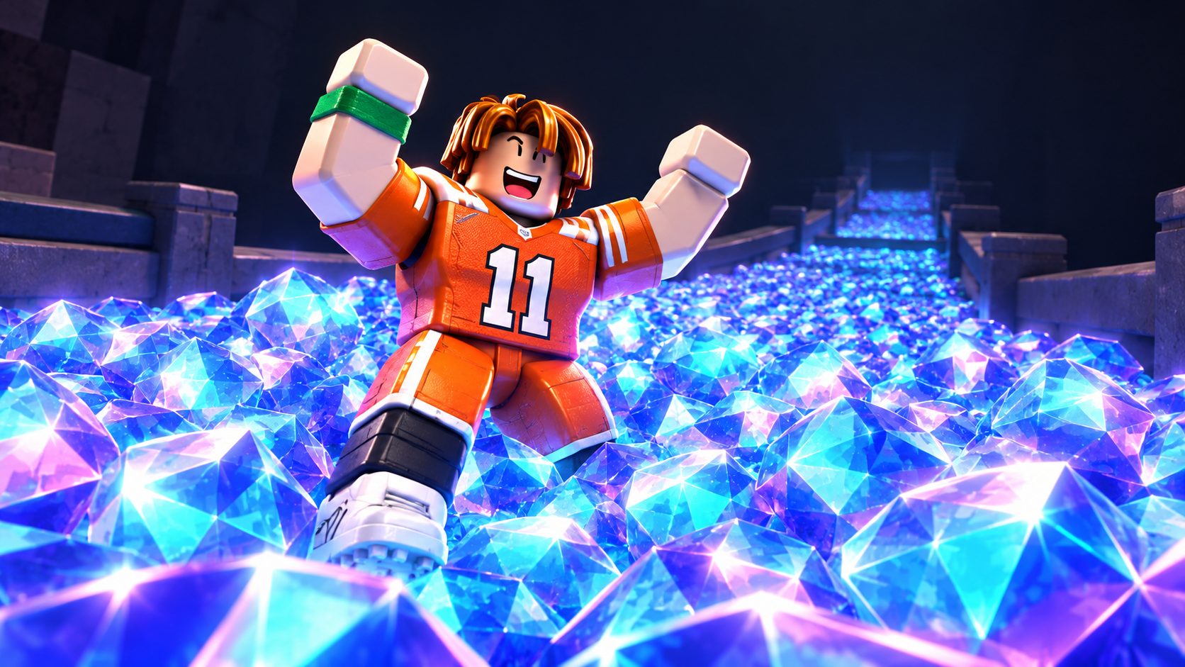 Avatar de Roblox con equipación de fútbol hundido en gemas en un mapa de Universal Tower Defense Z