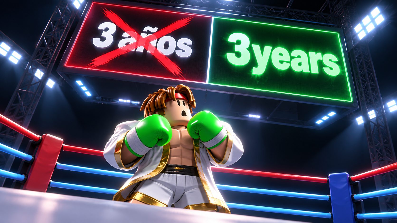 Boxeador de Roblox en el ring de Untitled Boxing Game mirando un marcador con el código 3 años tachado y 3years en verde