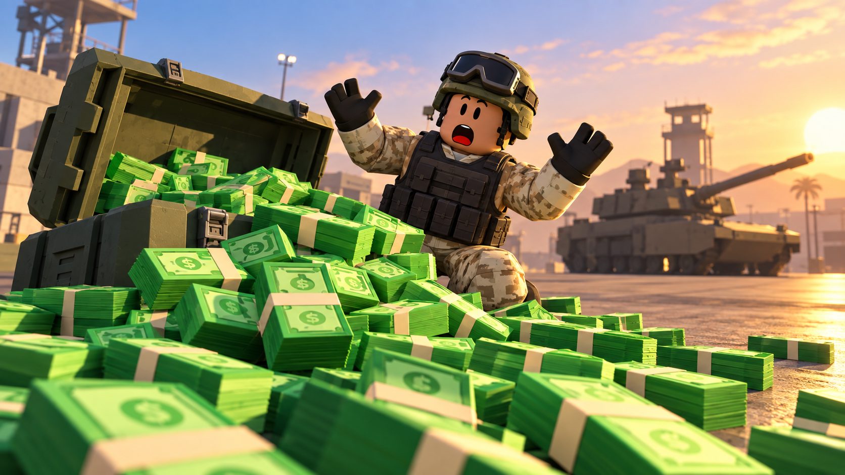 Soldado de Roblox sorprendido ante una caja militar llena de billetes en War Tycoon