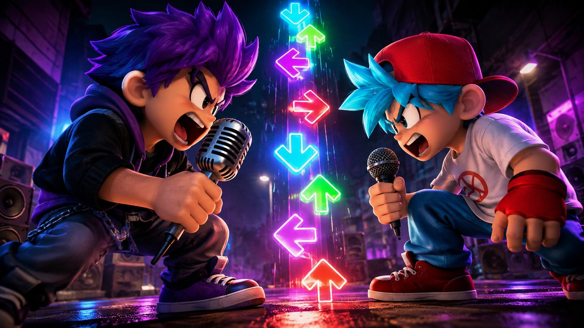 Duelo de rap de Friday Night Funkin en un escenario callejero de neón con una columna de flechas de colores subiendo entre los dos personajes