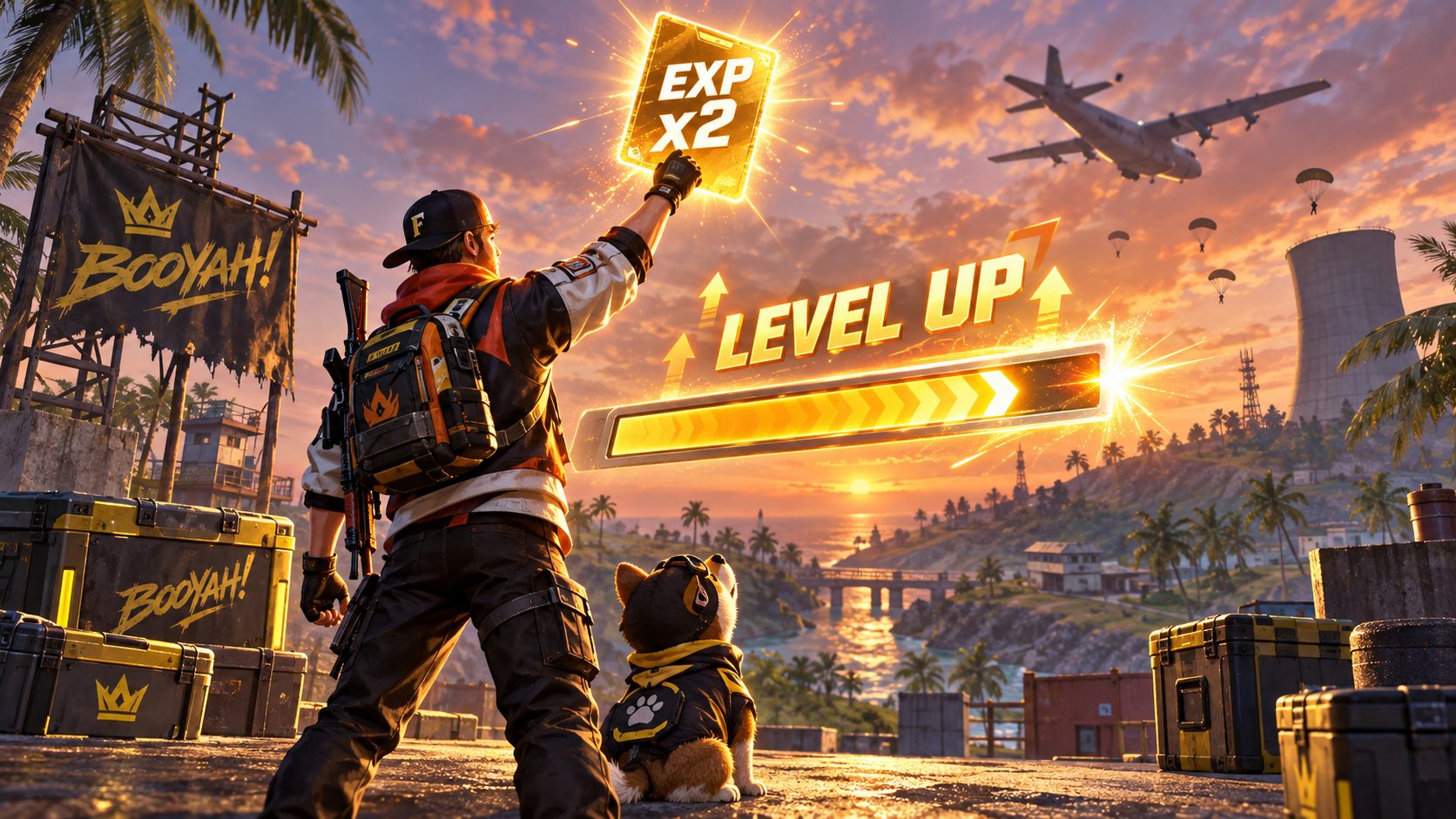 Personaje de Free Fire con una tarjeta de EXP x2 y la barra de nivel subiendo