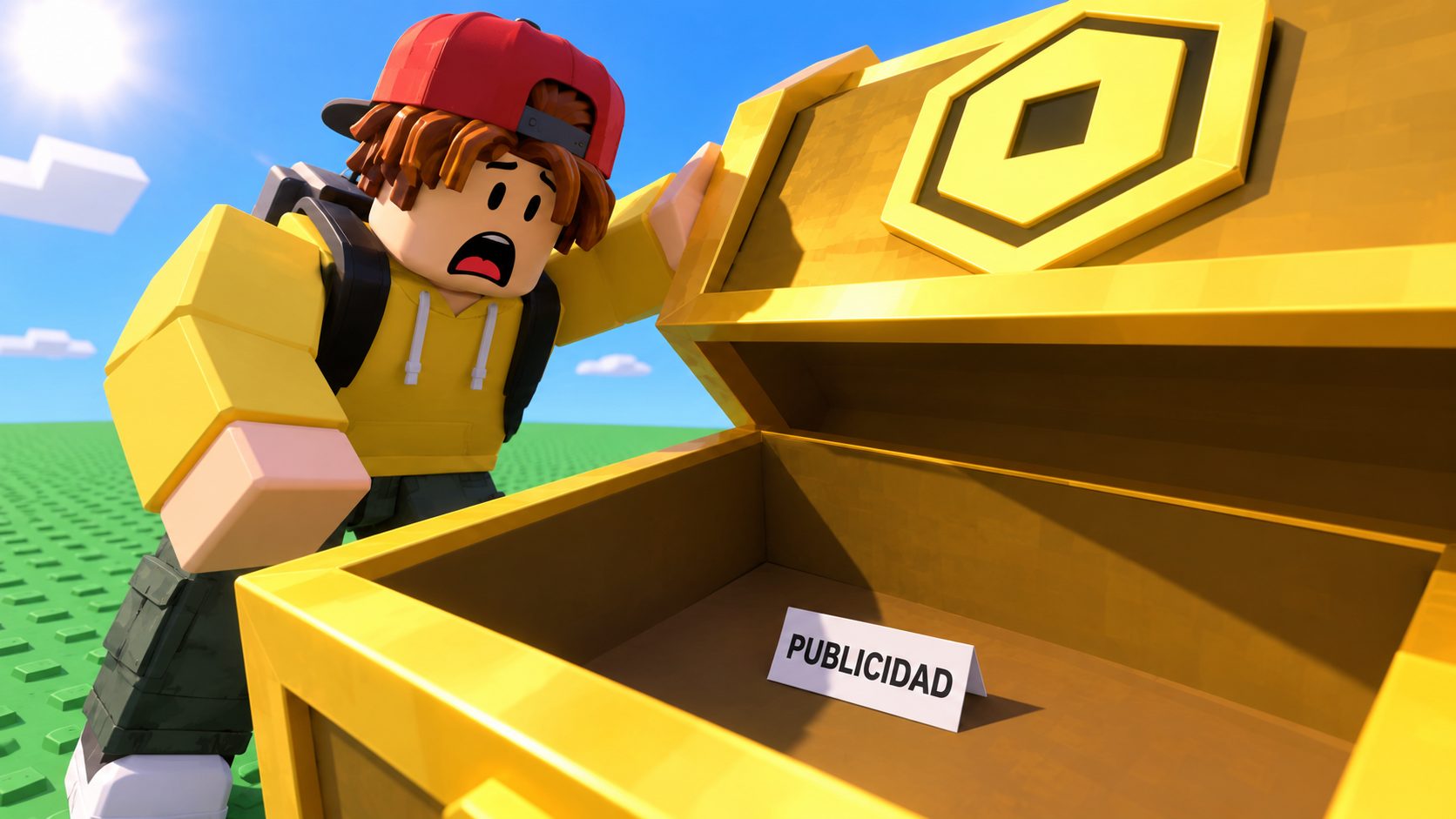Avatar de Roblox sorprendido ante un cofre de Robux vacío con un cartel de publicidad dentro