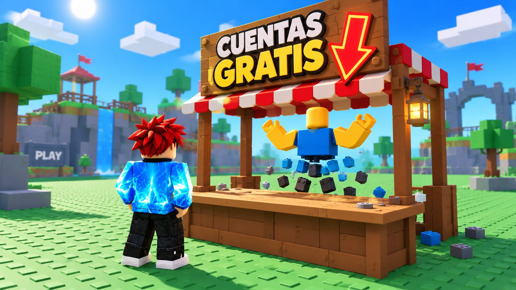 Puesto de Roblox con cartel de cuentas gratis, vacio y deshaciendose