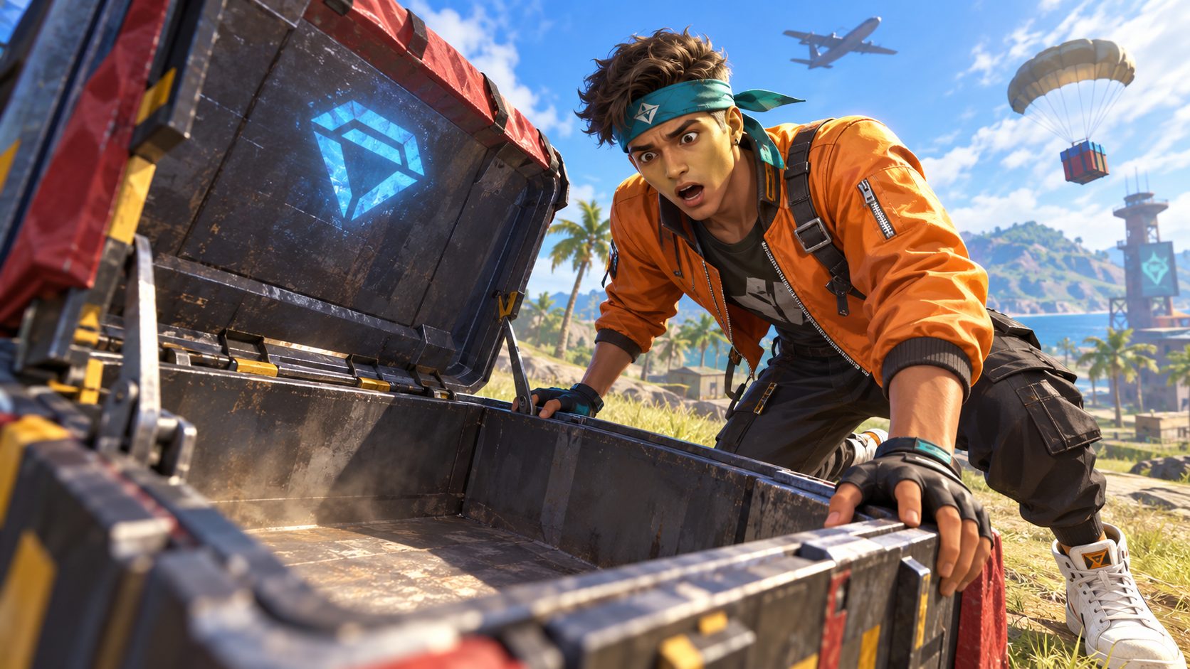 Superviviente de Free Fire sorprendido ante una caja de suministros vacía