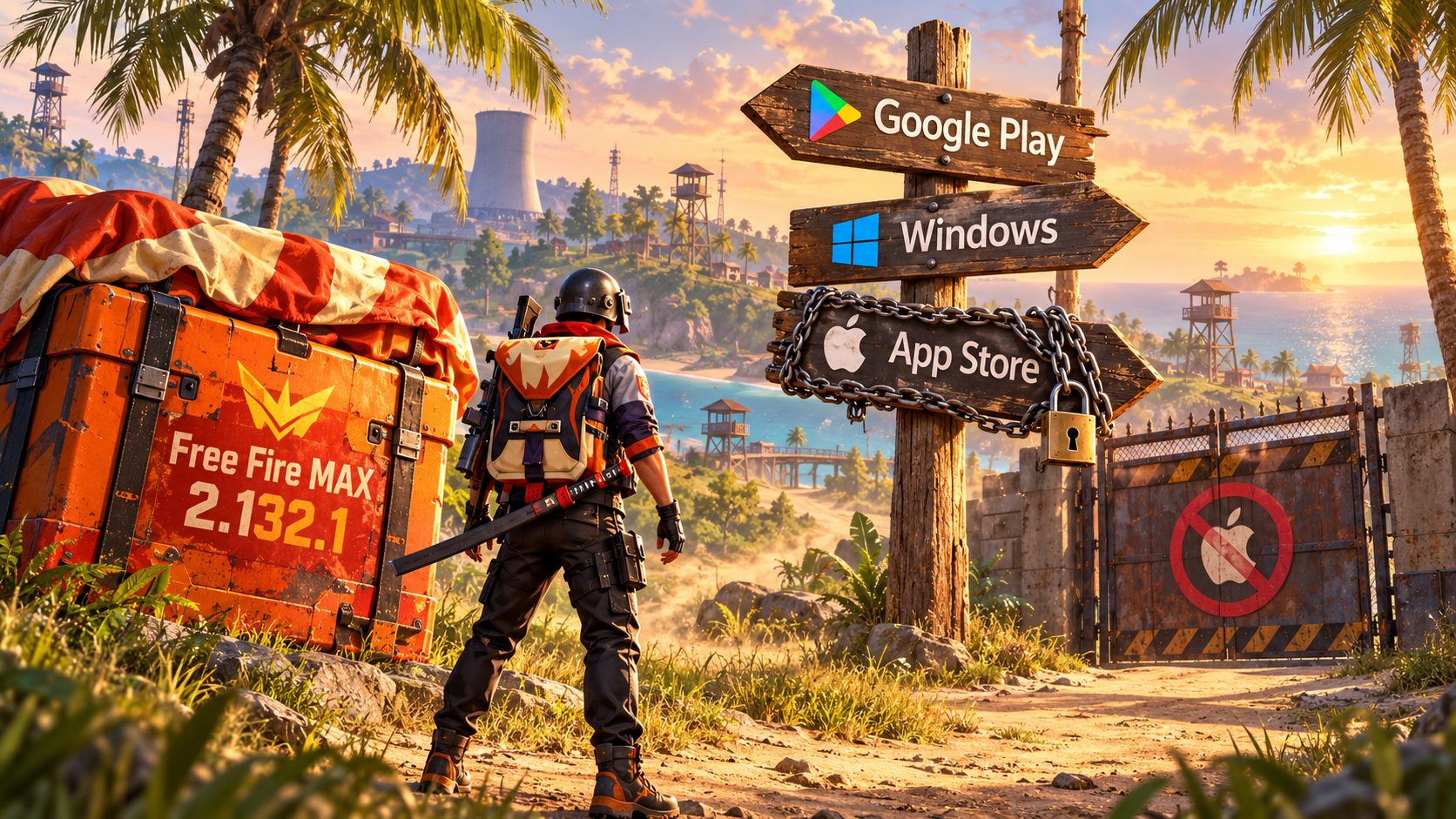 Superviviente de Free Fire ante un cartel con Google Play, Windows y App Store encadenado, junto a una caja de Free Fire MAX 2.132.1