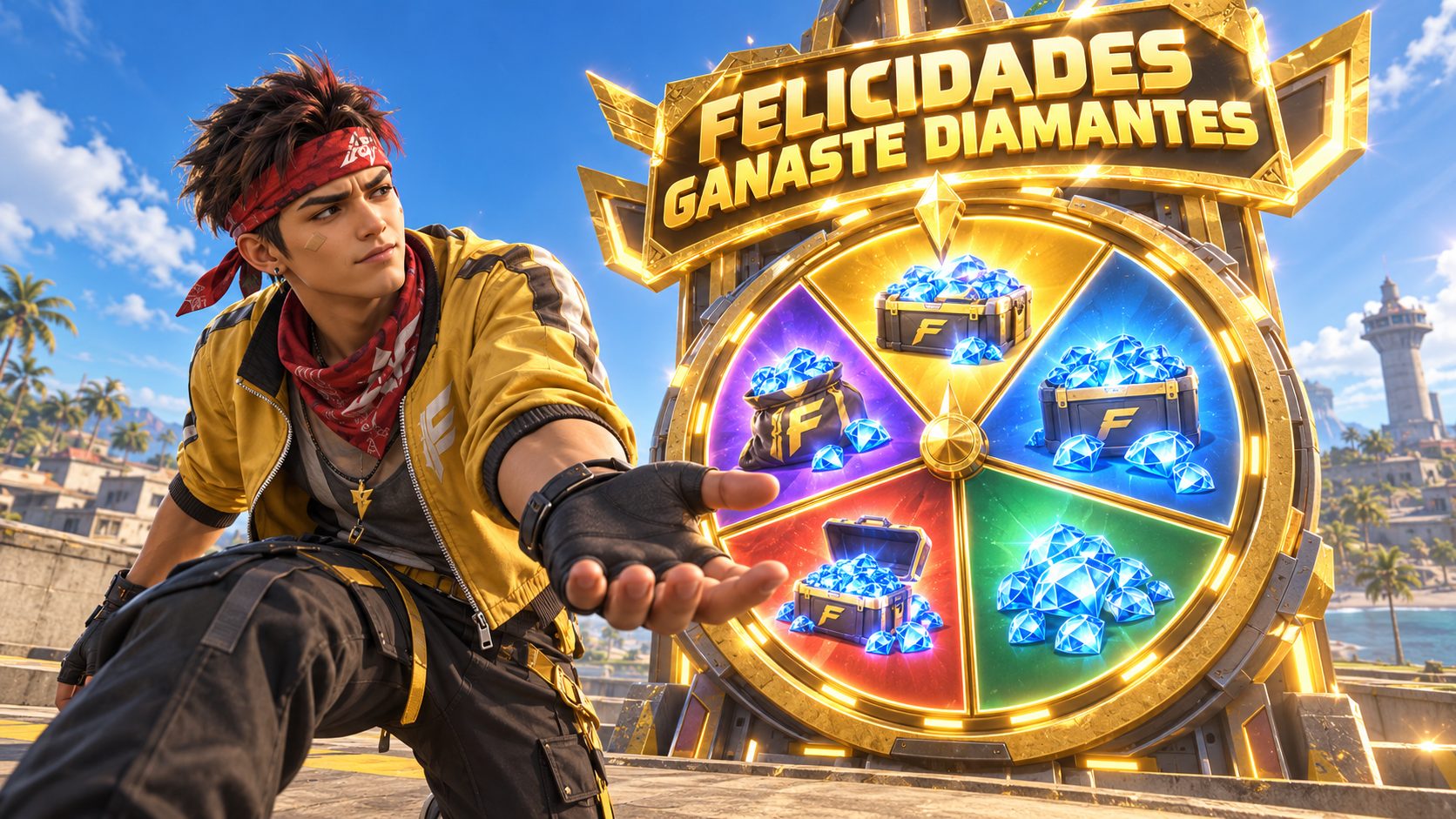 Superviviente de Free Fire con la mano vacía ante la ruleta de Diamasensi que anuncia que ganó diamantes