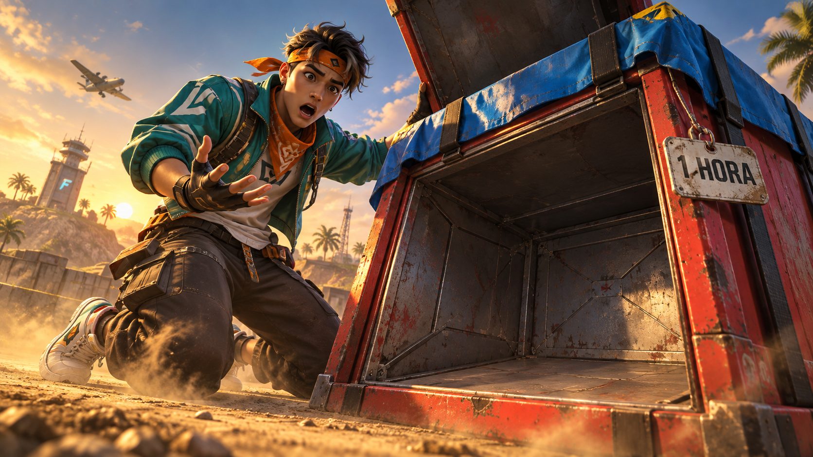 Superviviente de Free Fire sorprendido ante una caja de premio vacía con la etiqueta 1 HORA