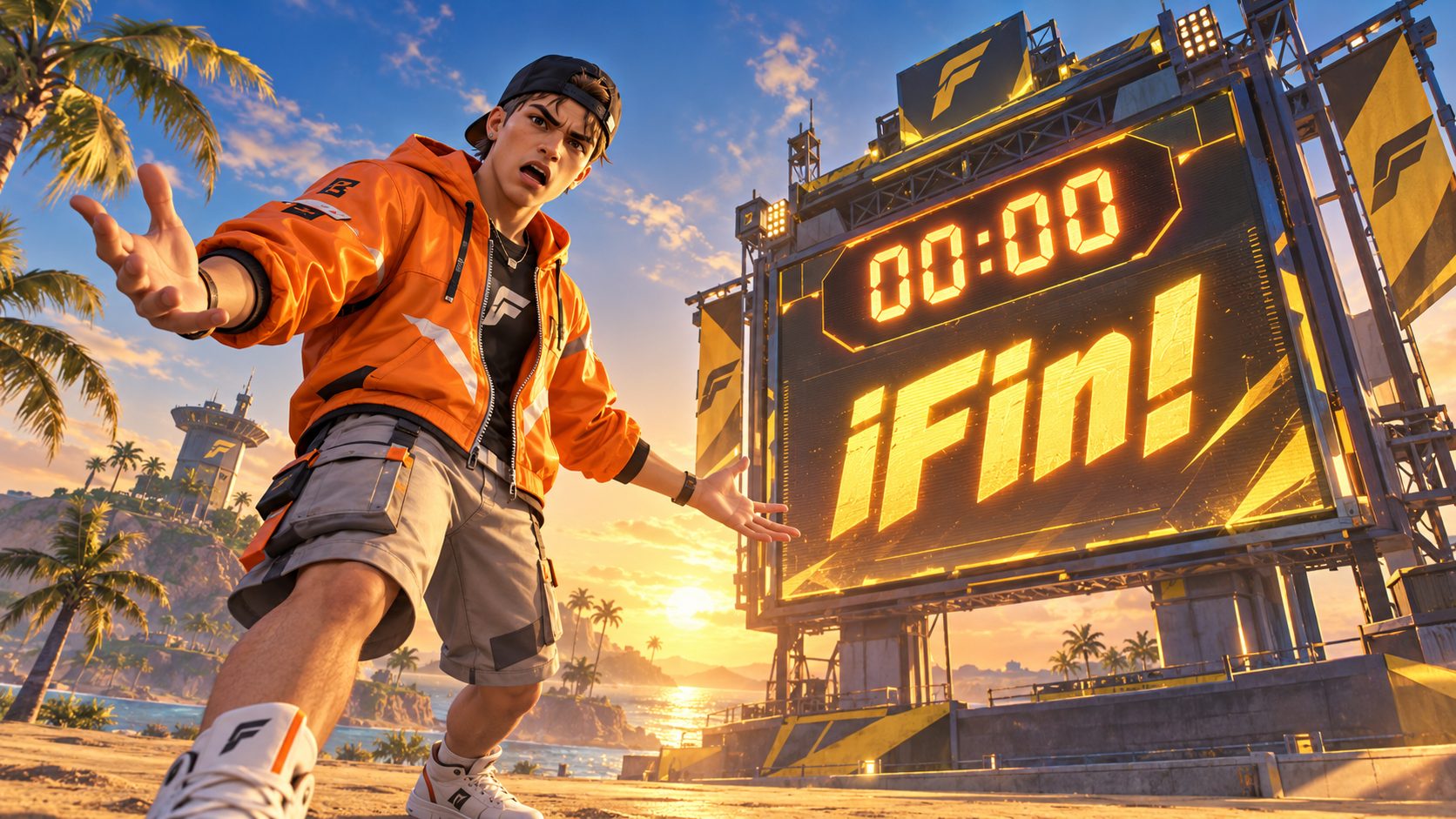 Superviviente de Free Fire con las manos vacías ante un contador gigante de Duometafires que marca «¡Fin!»