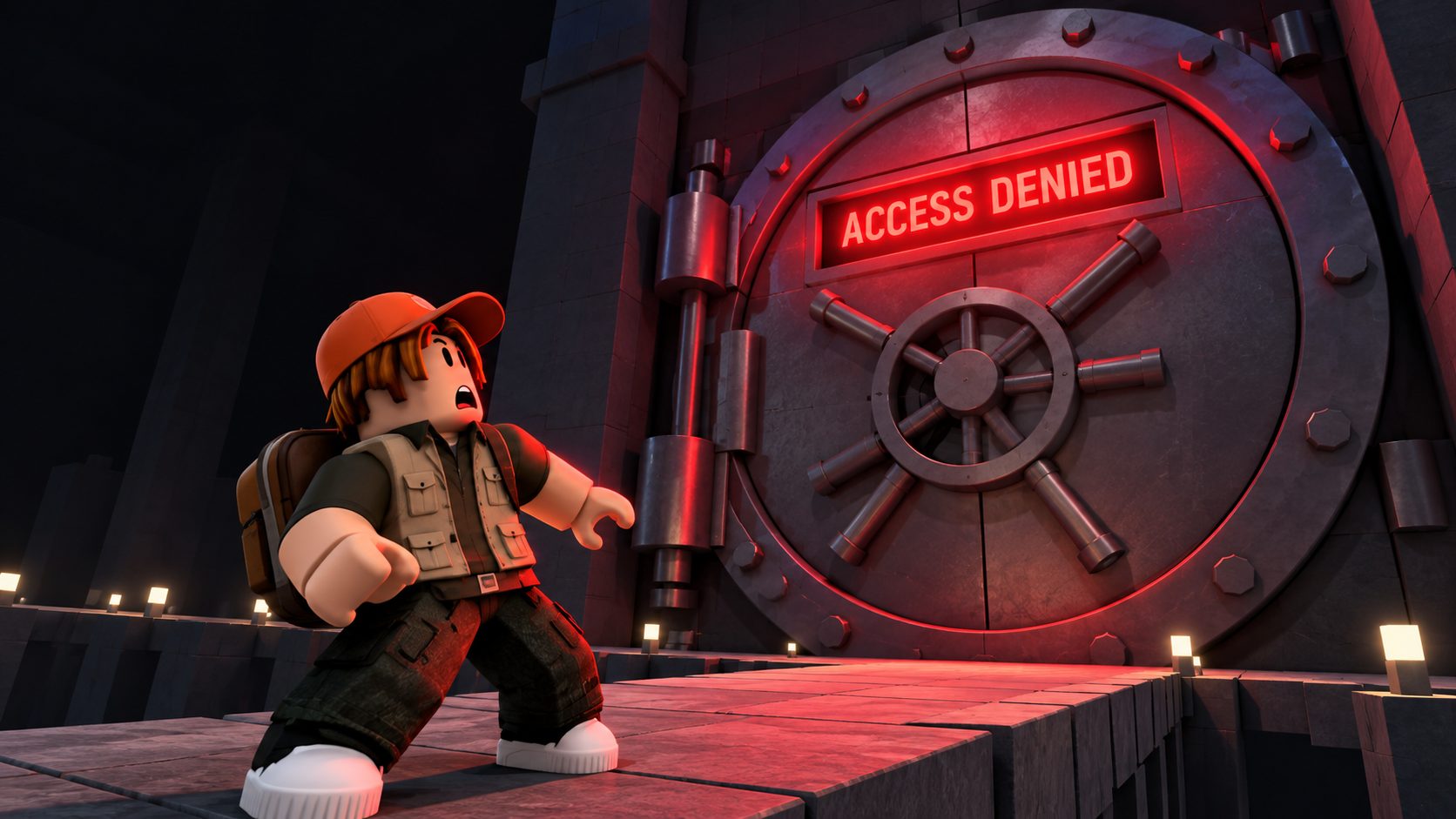 Avatar de Roblox sorprendido frente a una puerta blindada gigante con el cartel ACCESS DENIED