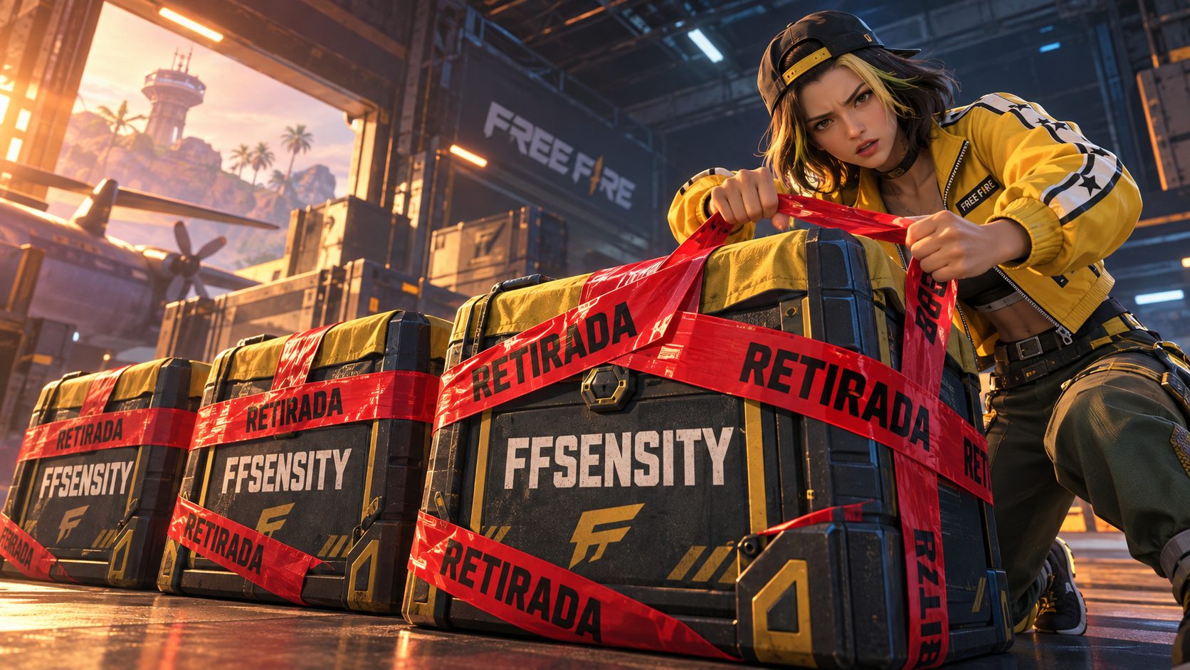 Tres cajas de suministros de Free Fire con el nombre FFSensity precintadas con cinta roja de retirada