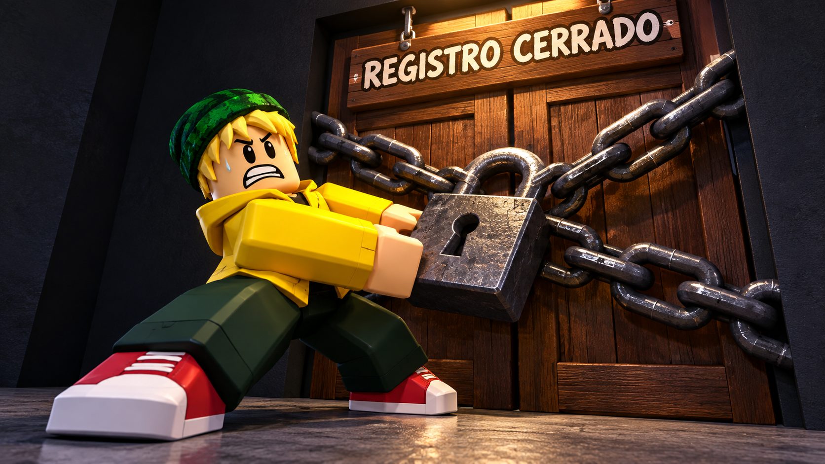 Avatar de Roblox tirando de un candado ante una puerta con el cartel Registro cerrado en Murder Mystery 2