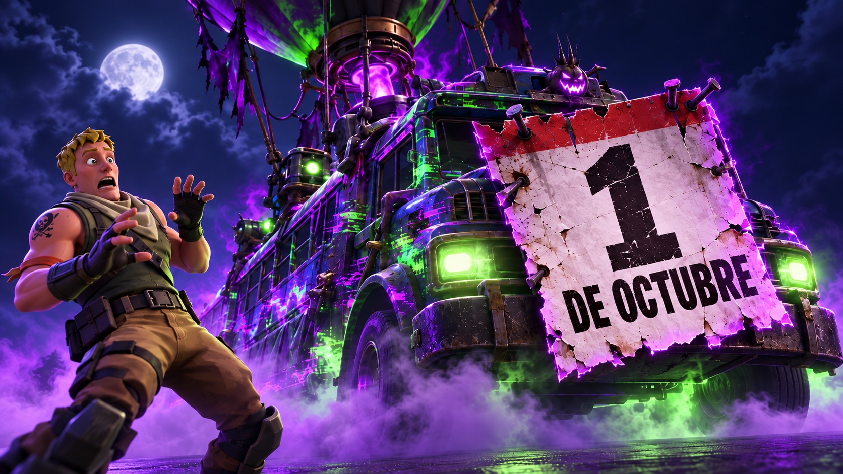 Autobús de Batalla de Fortnite maldito con una hoja de calendario del 1 de octubre y Jonesy asustado por Fortnitemares 2026